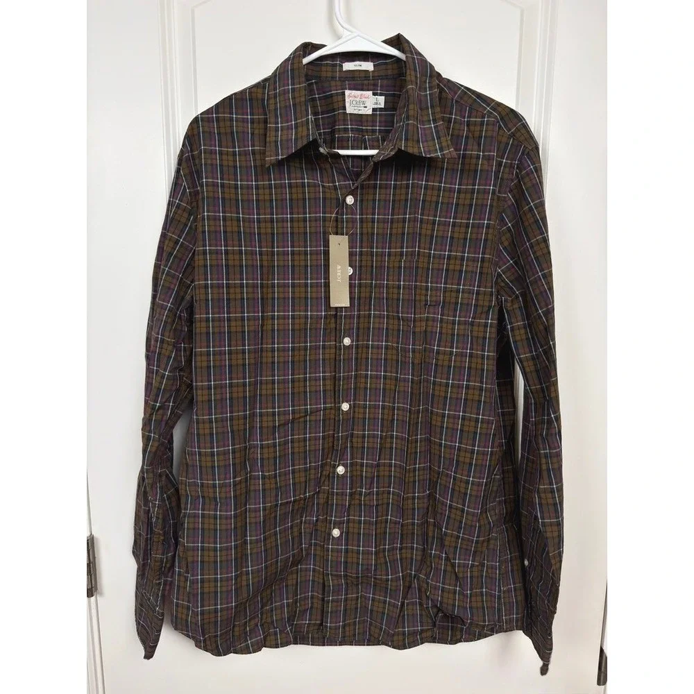 J.Crew‎ Slim Secret Wash Cotton Poplin Shirt Brown Plaid Large NWT